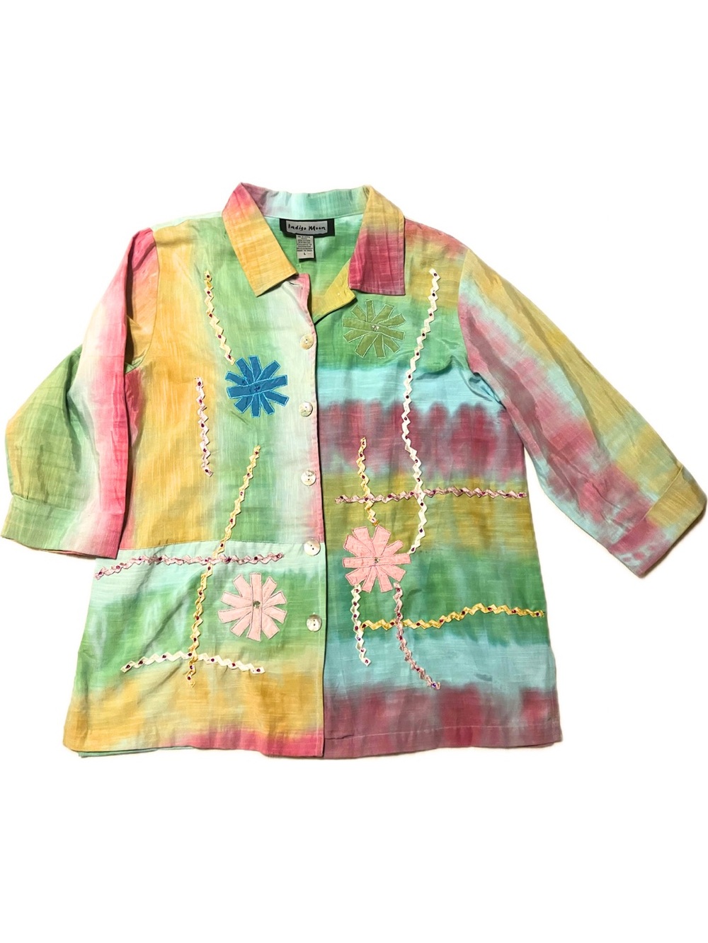 Indigo Moon Vintage Tie Dye Embroidered Shirt Jacket Boho Art To Wear Large